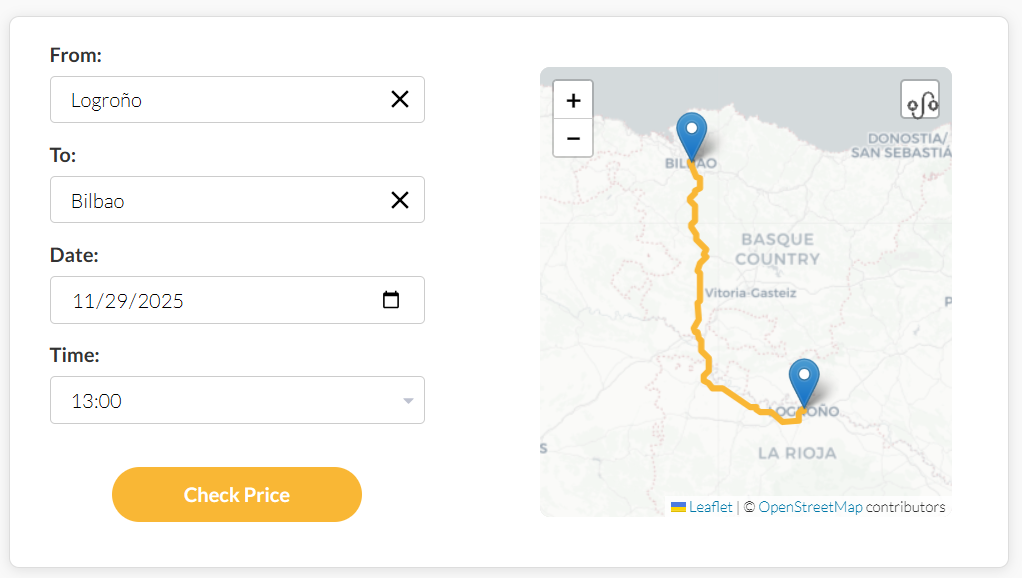 Taxi booking system interface showing route selection form and interactive map with booking functionality